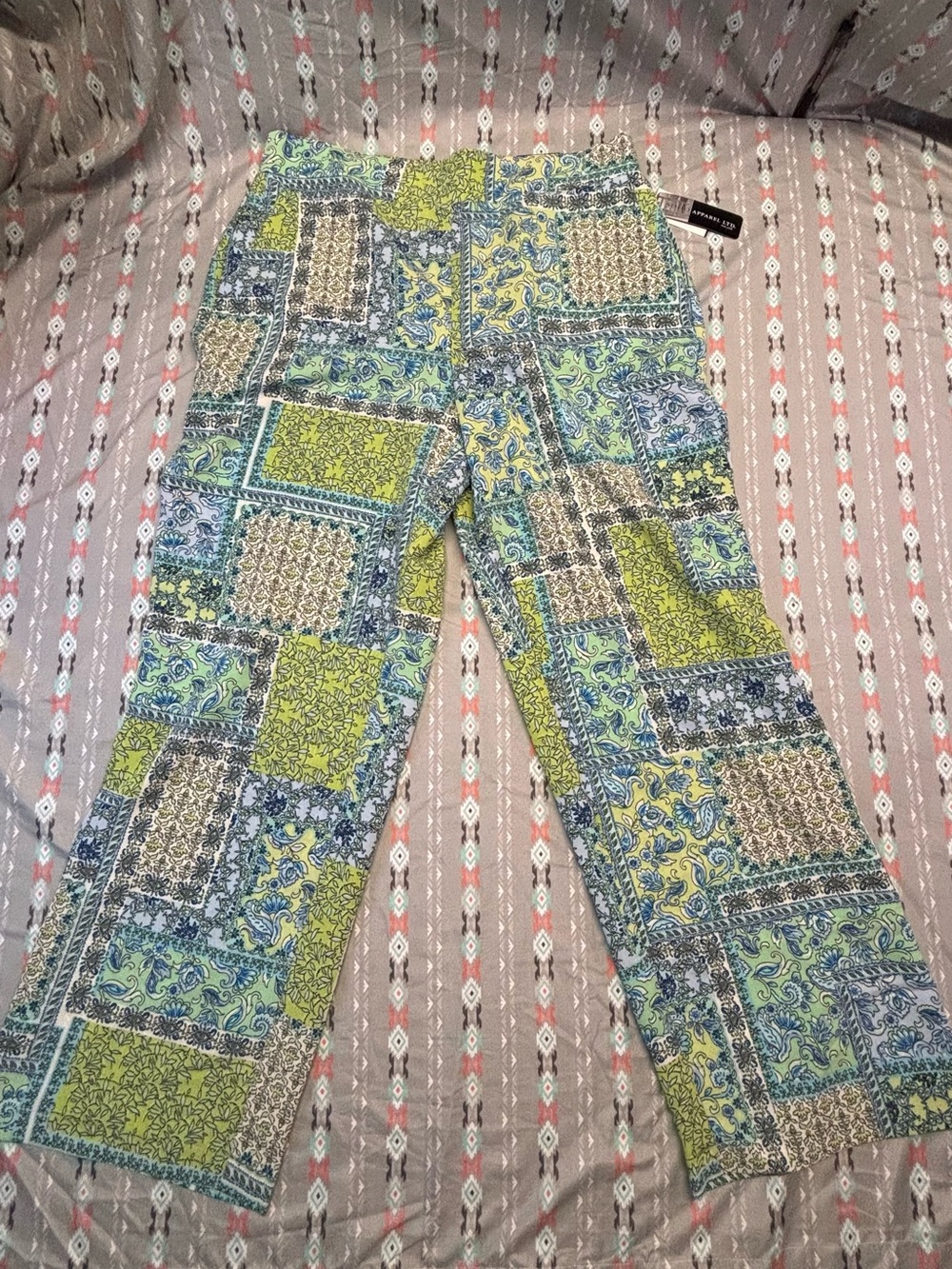 🧩NWT Soho Apparel Blue and Green Patchwork-Print Chinos - Picture 1 of 3